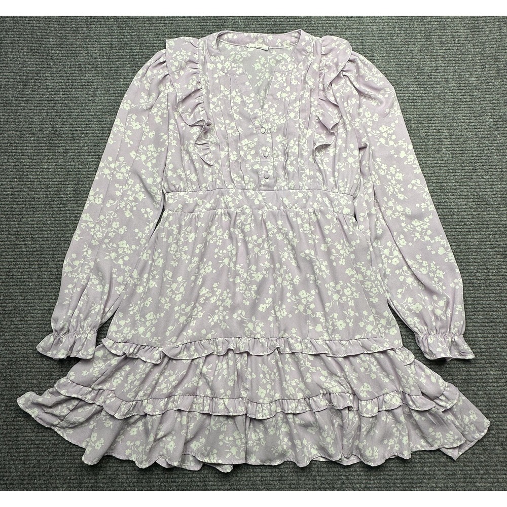By The River Dress Womens Large Purple‎ Floral Ruffle Tiered Long Sleeve DR1556